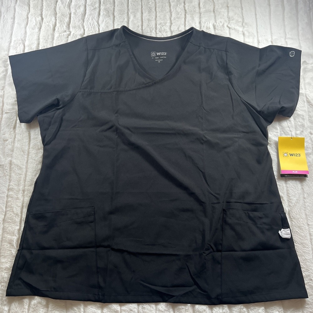 WonderWink  W123 V-Neck Scrub Top Short Sleeve‎ Women's 1X Black NWT